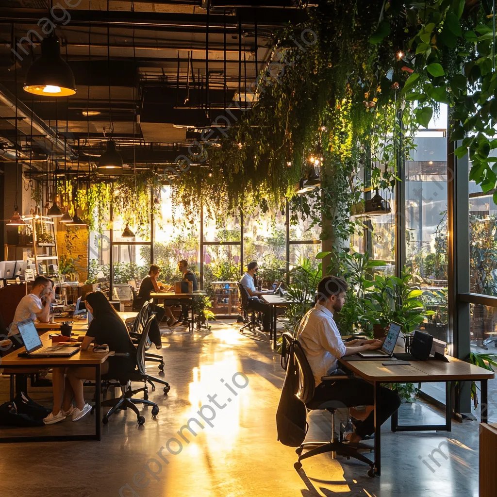 Freelancers working in a spacious co-working area with plants - Image 1