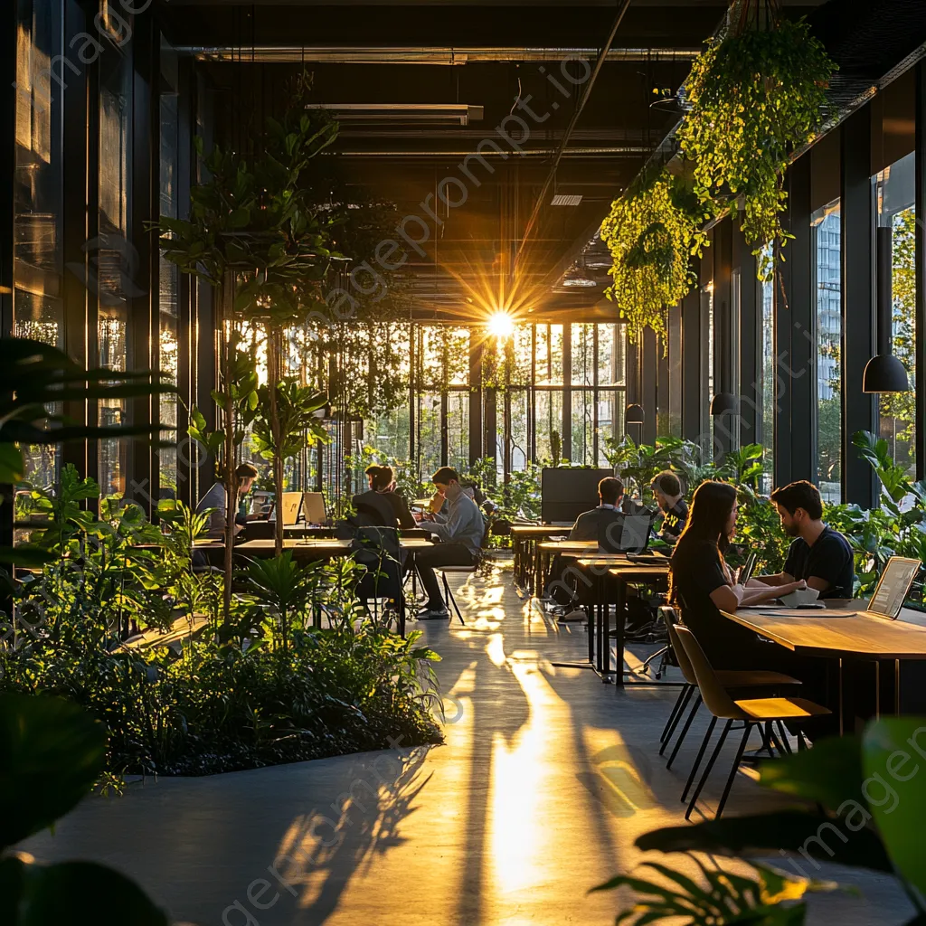 Freelancers working in a spacious co-working area with plants - Image 2