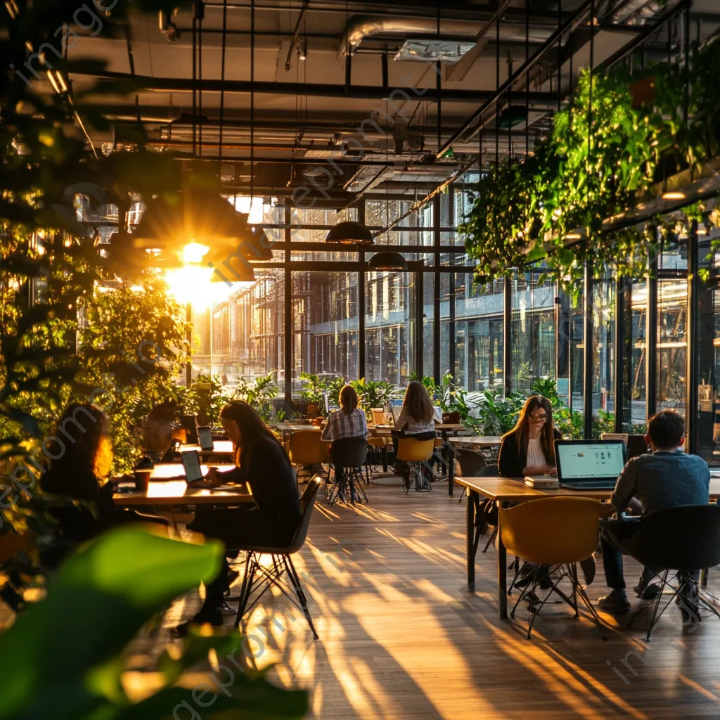 Freelancers working in a spacious co-working area with plants - Image 3