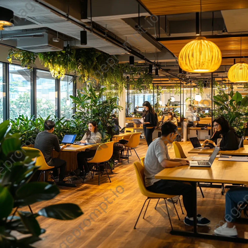 Freelancers working in a spacious co-working area with plants - Image 4