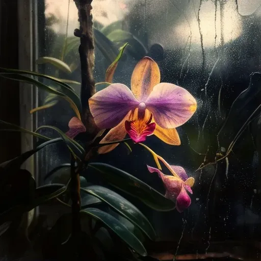 Picture of a blooming orchid in a mist-filled greenhouse - Image 1