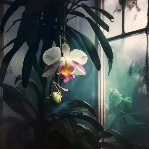 Picture of a blooming orchid in a mist-filled greenhouse - Image 2