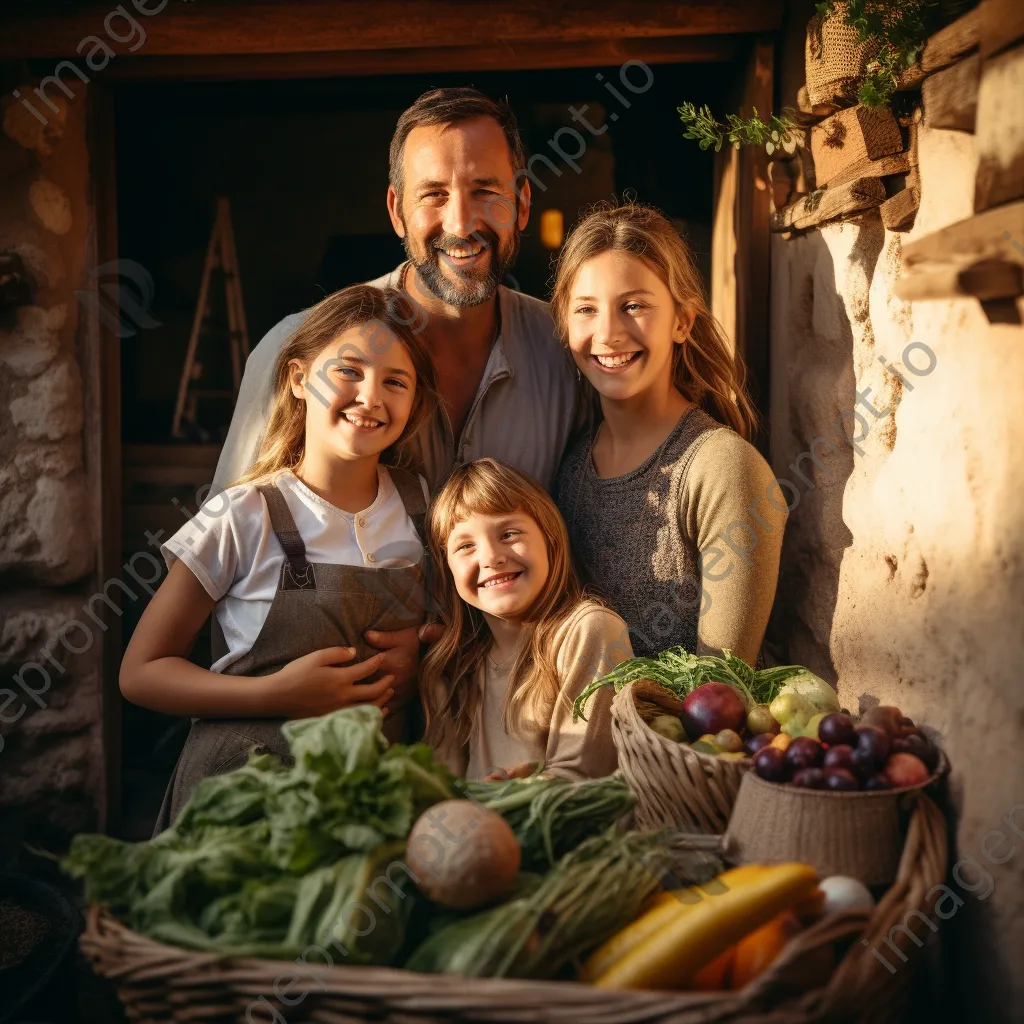 Family posing in front of traditional root cellar. - Image 1