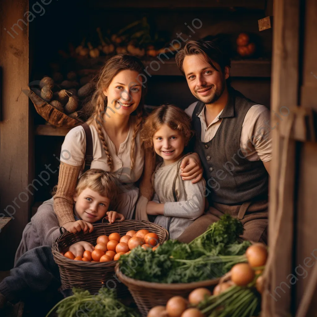 Family posing in front of traditional root cellar. - Image 2