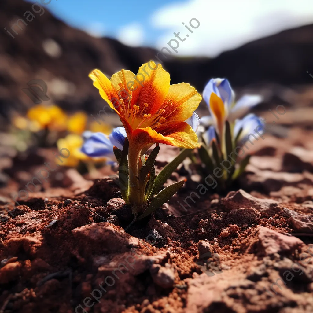 Macro shot of colorful flowers growing in volcanic soil - Image 1