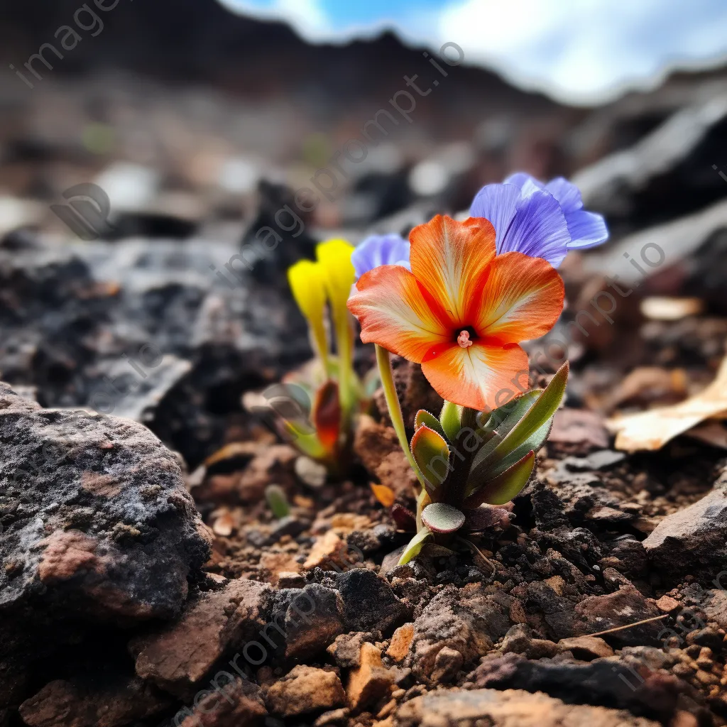 Macro shot of colorful flowers growing in volcanic soil - Image 4