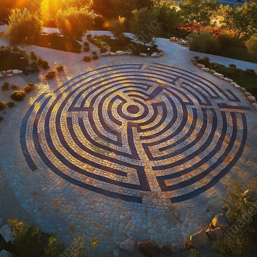 Aerial view of an intricate labyrinth at dawn rendered in Orphist style - Image 1