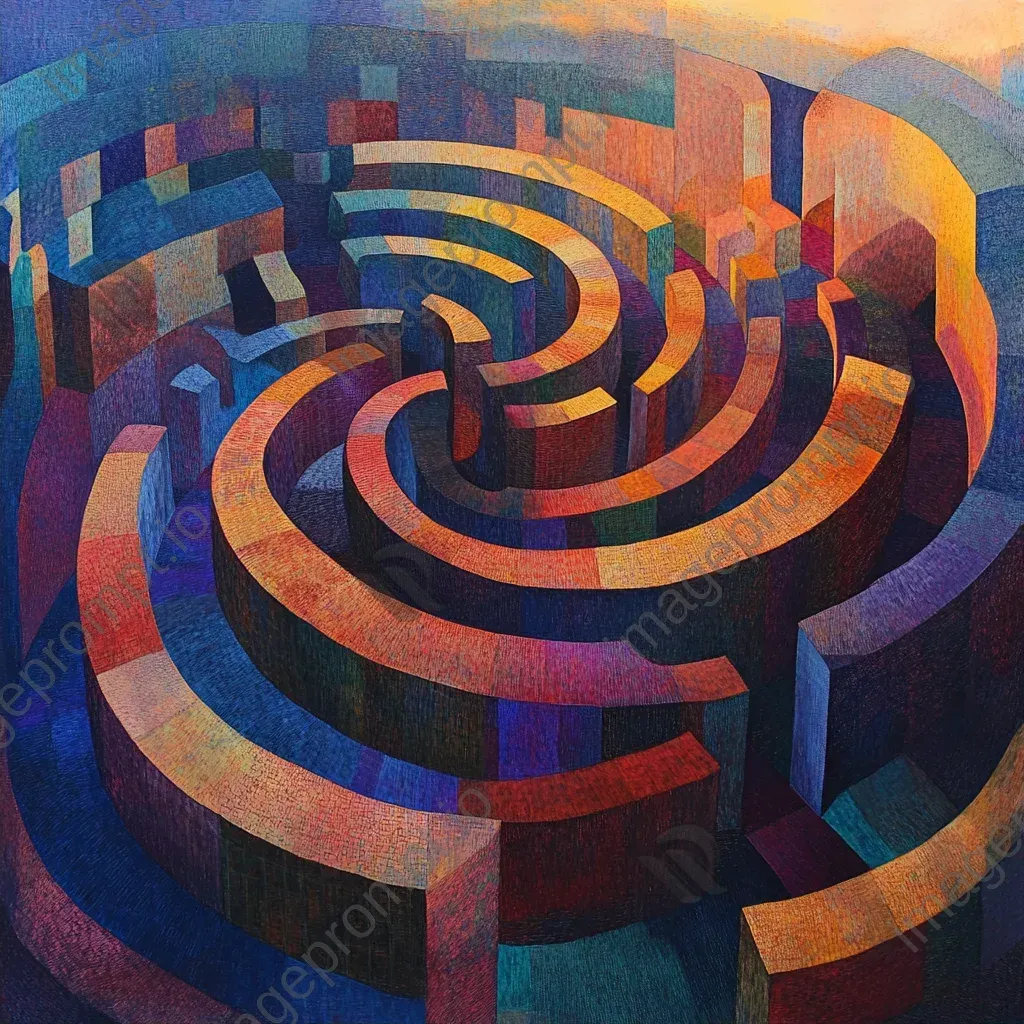 Aerial view of an intricate labyrinth at dawn rendered in Orphist style - Image 2