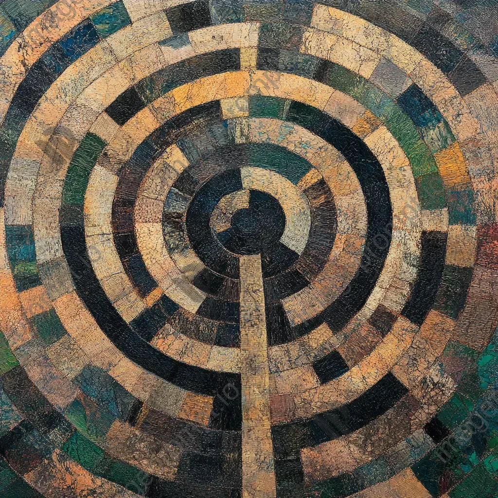 Aerial view of an intricate labyrinth at dawn rendered in Orphist style - Image 4