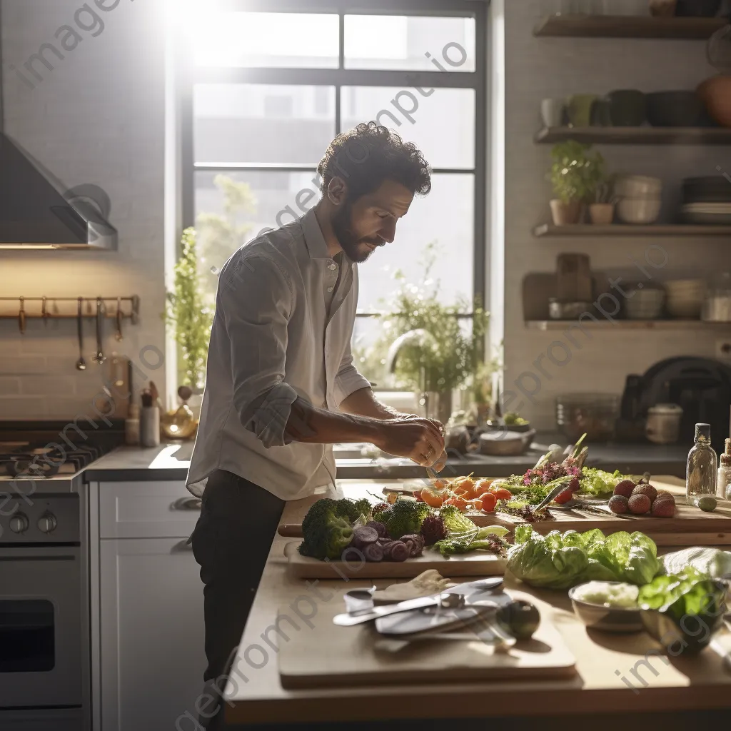 Chef in a modern kitchen preparing organic dishes with fresh ingredients. - Image 1