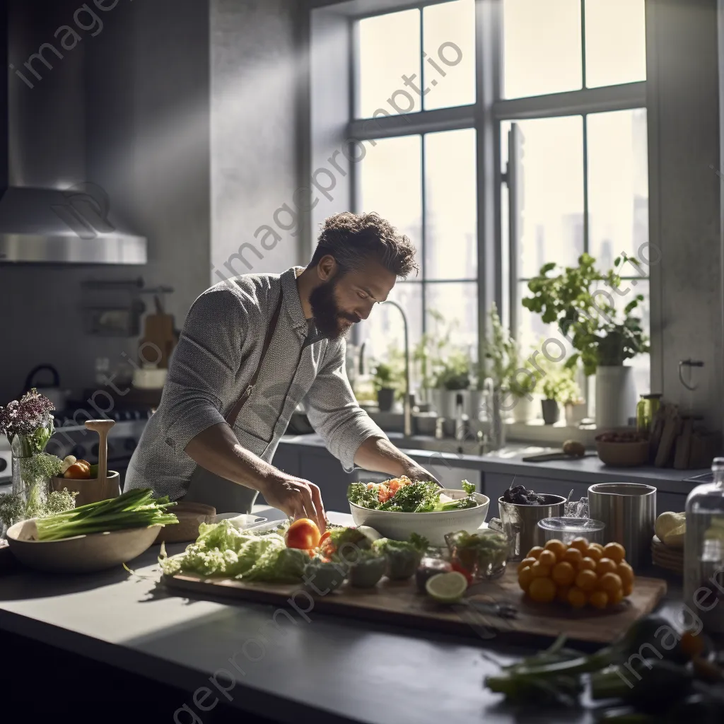 Chef in a modern kitchen preparing organic dishes with fresh ingredients. - Image 2