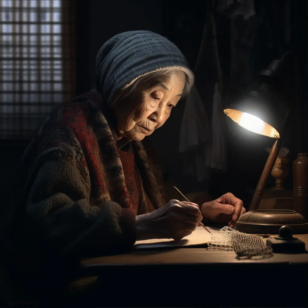 Elderly woman knitting under the soft glow of a table lamp - Image 1