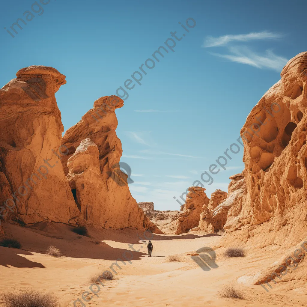 Hiker exploring towering desert rock formations under blue sky - Image 1