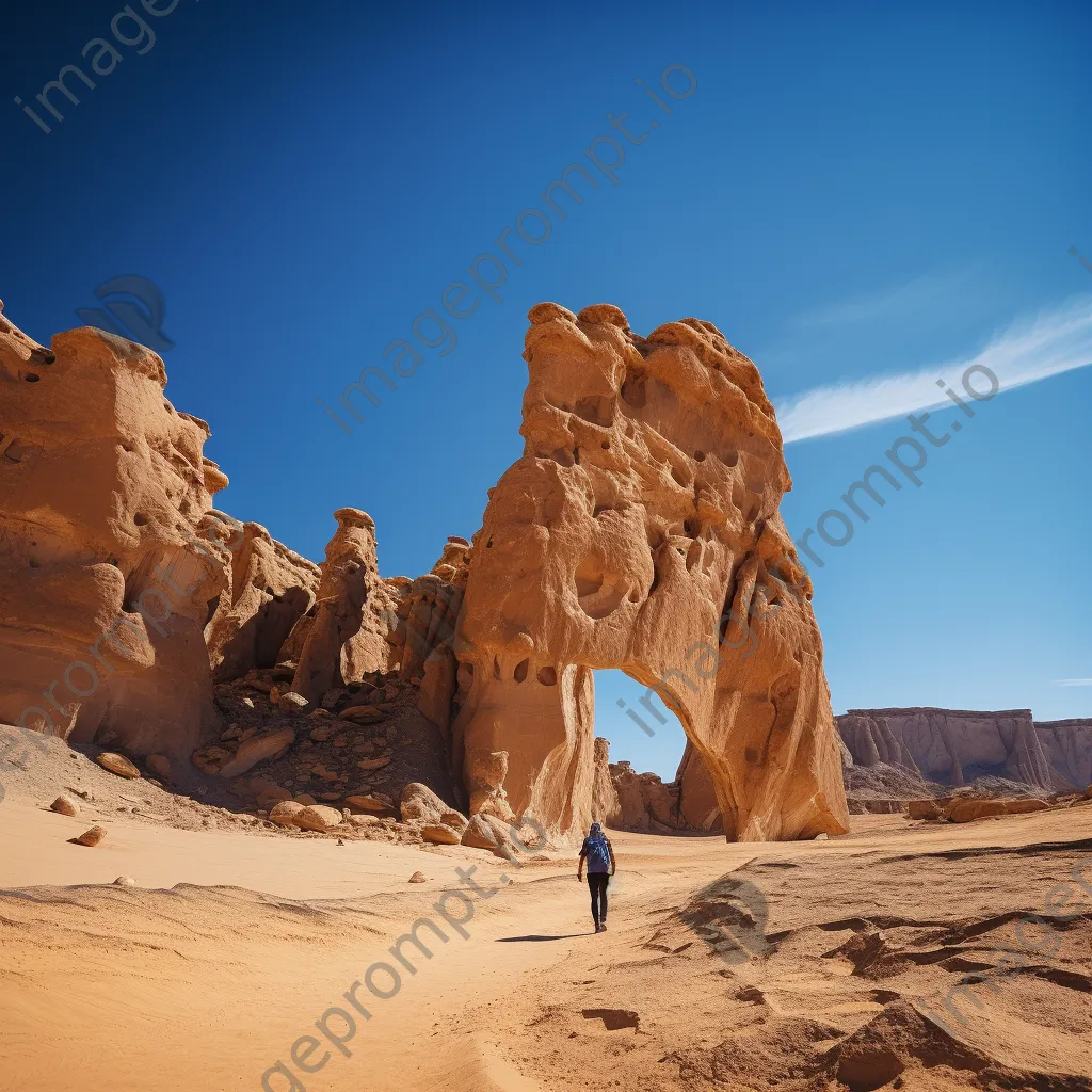 Hiker exploring towering desert rock formations under blue sky - Image 2