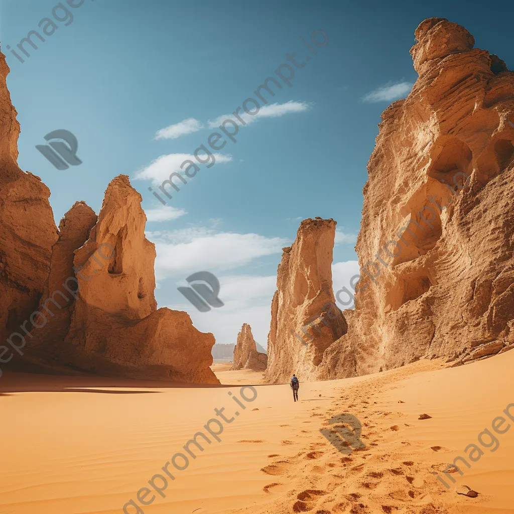 Hiker exploring towering desert rock formations under blue sky - Image 3