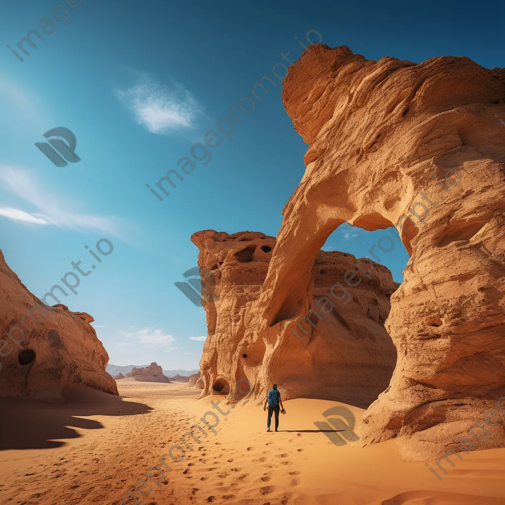 Hiker exploring towering desert rock formations under blue sky - Image 4