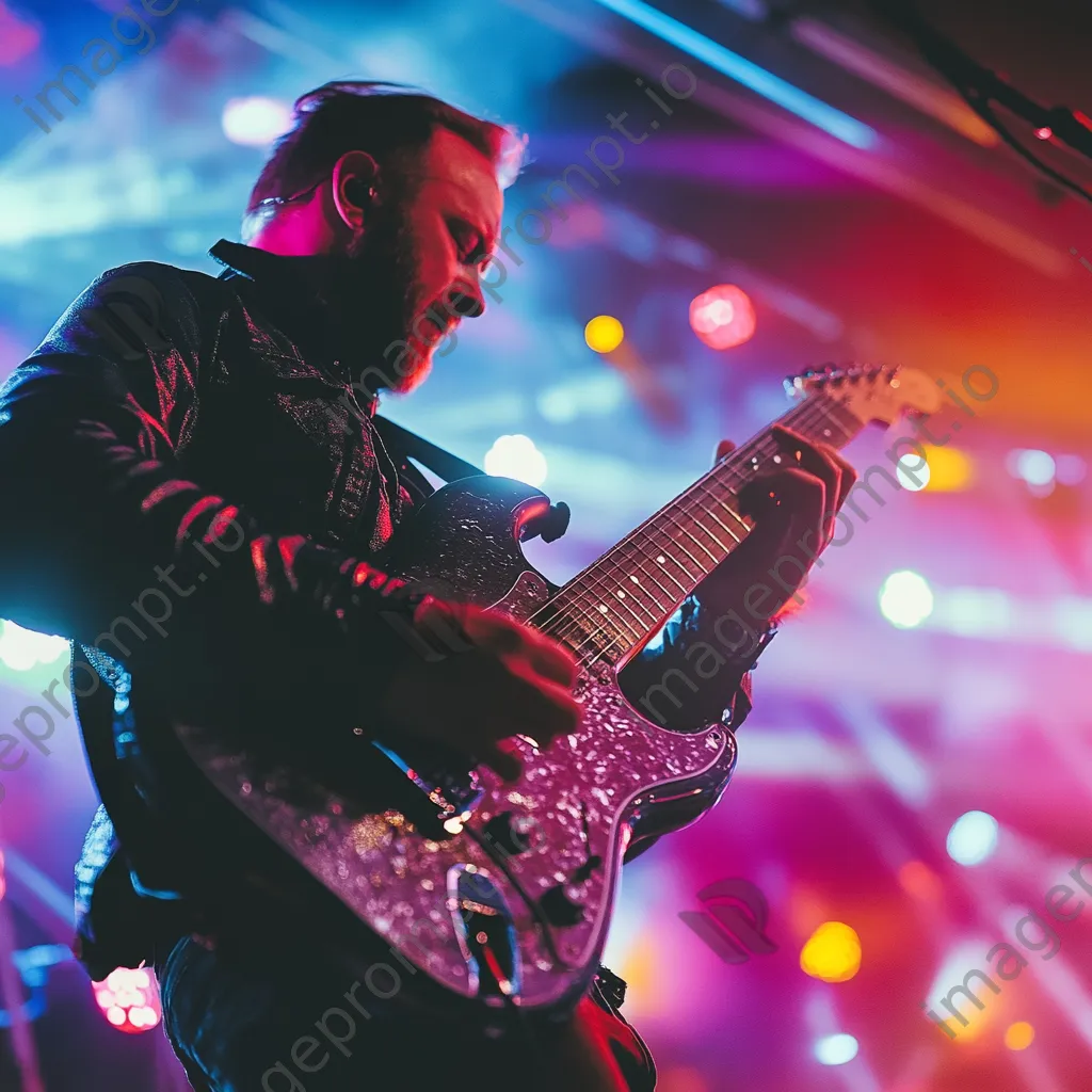 Close-up of a guitarist playing passionately on stage with colorful lights. - Image 3