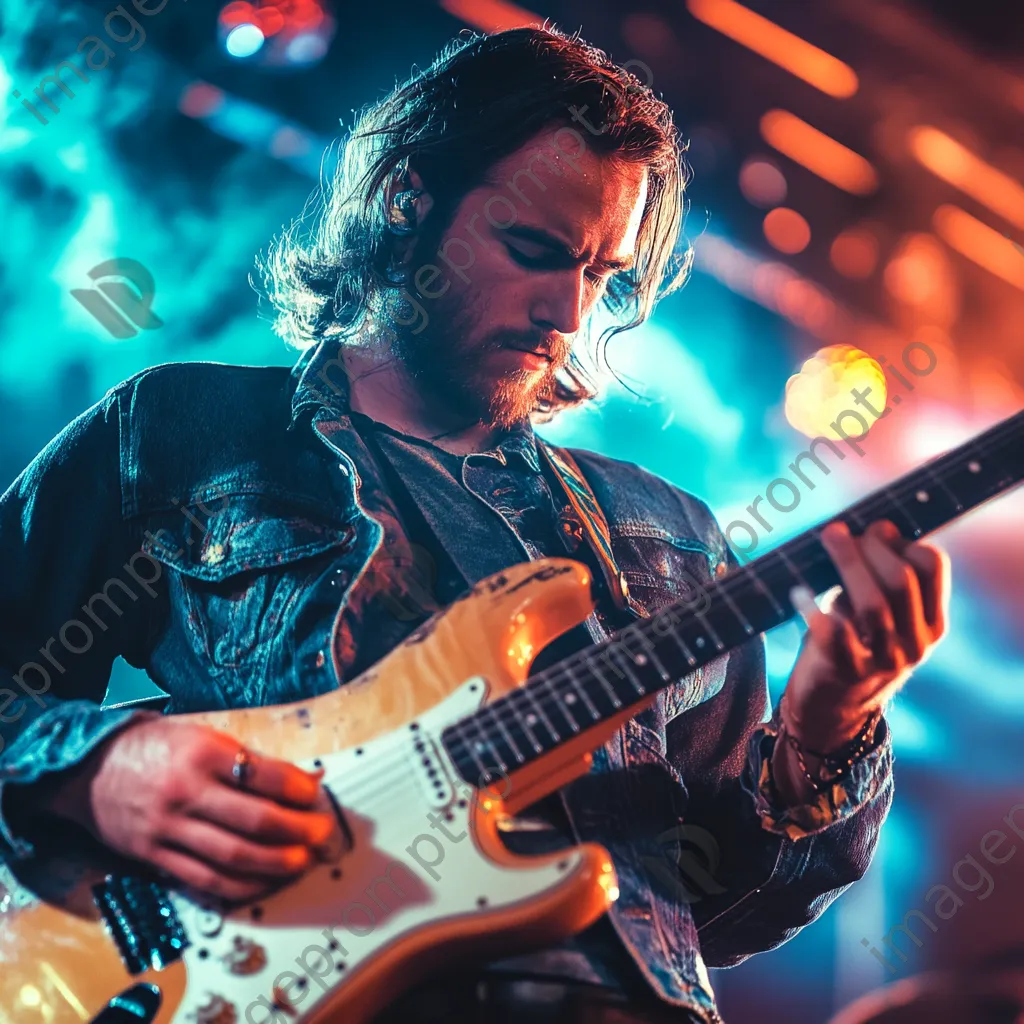 Close-up of a guitarist playing passionately on stage with colorful lights. - Image 4