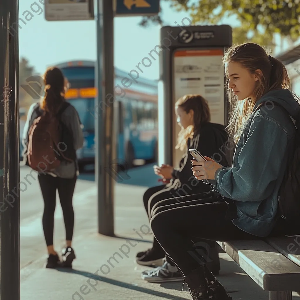 Students socializing while waiting for a bus at a college bus stop. - Image 1