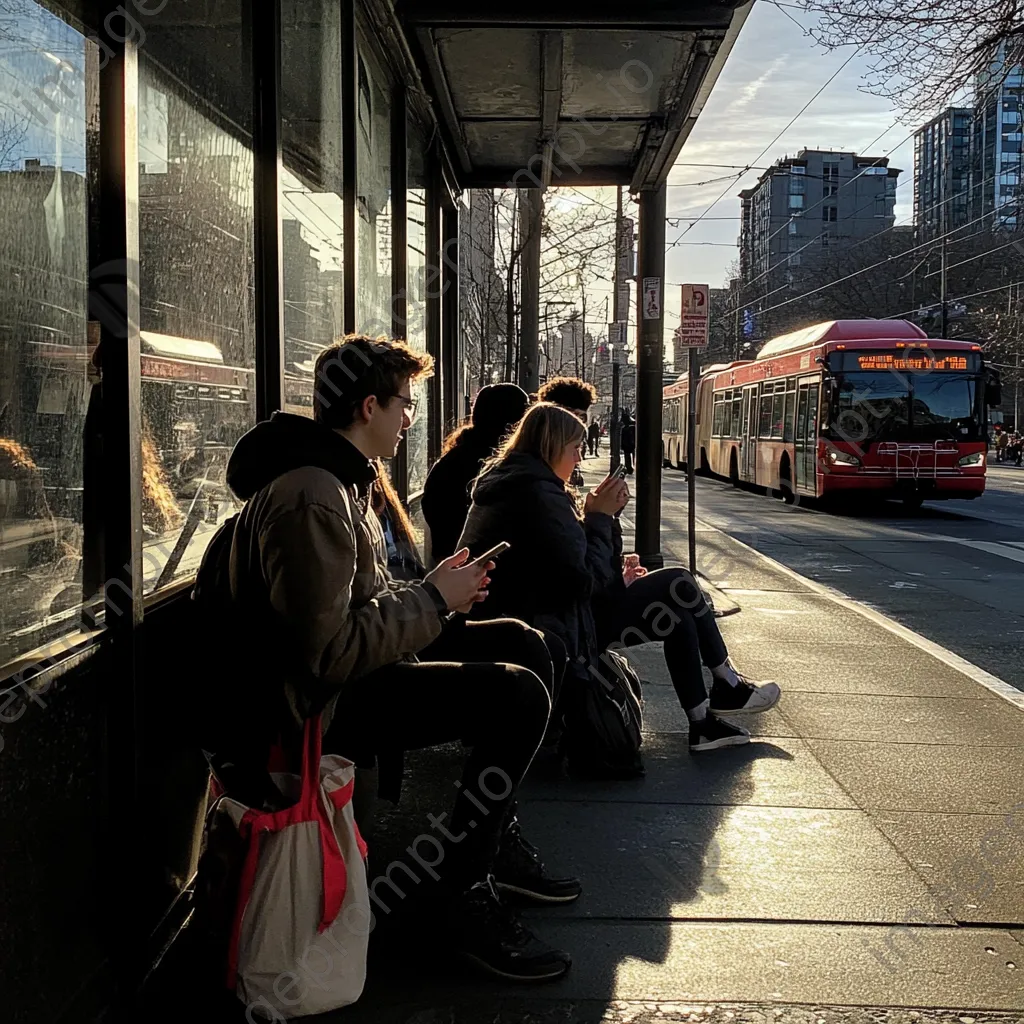 Students socializing while waiting for a bus at a college bus stop. - Image 2