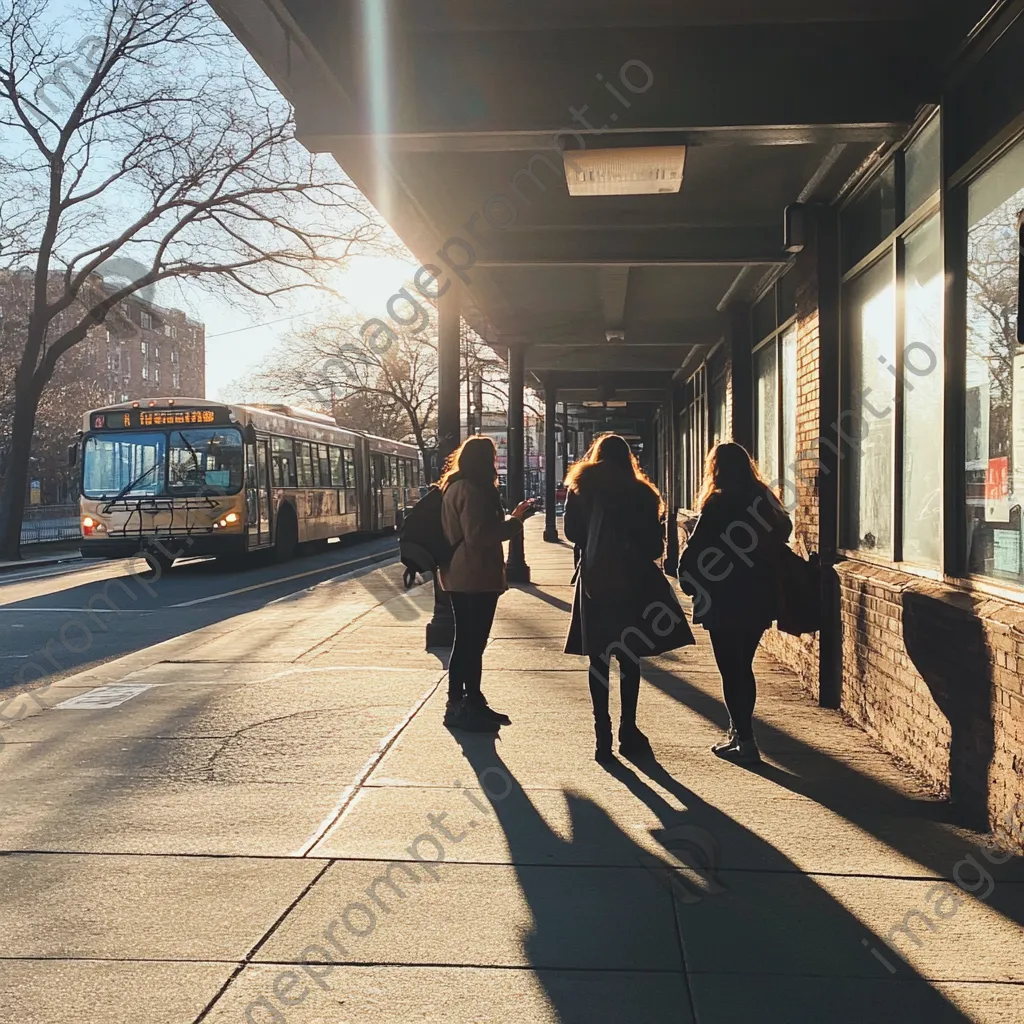 Students socializing while waiting for a bus at a college bus stop. - Image 3