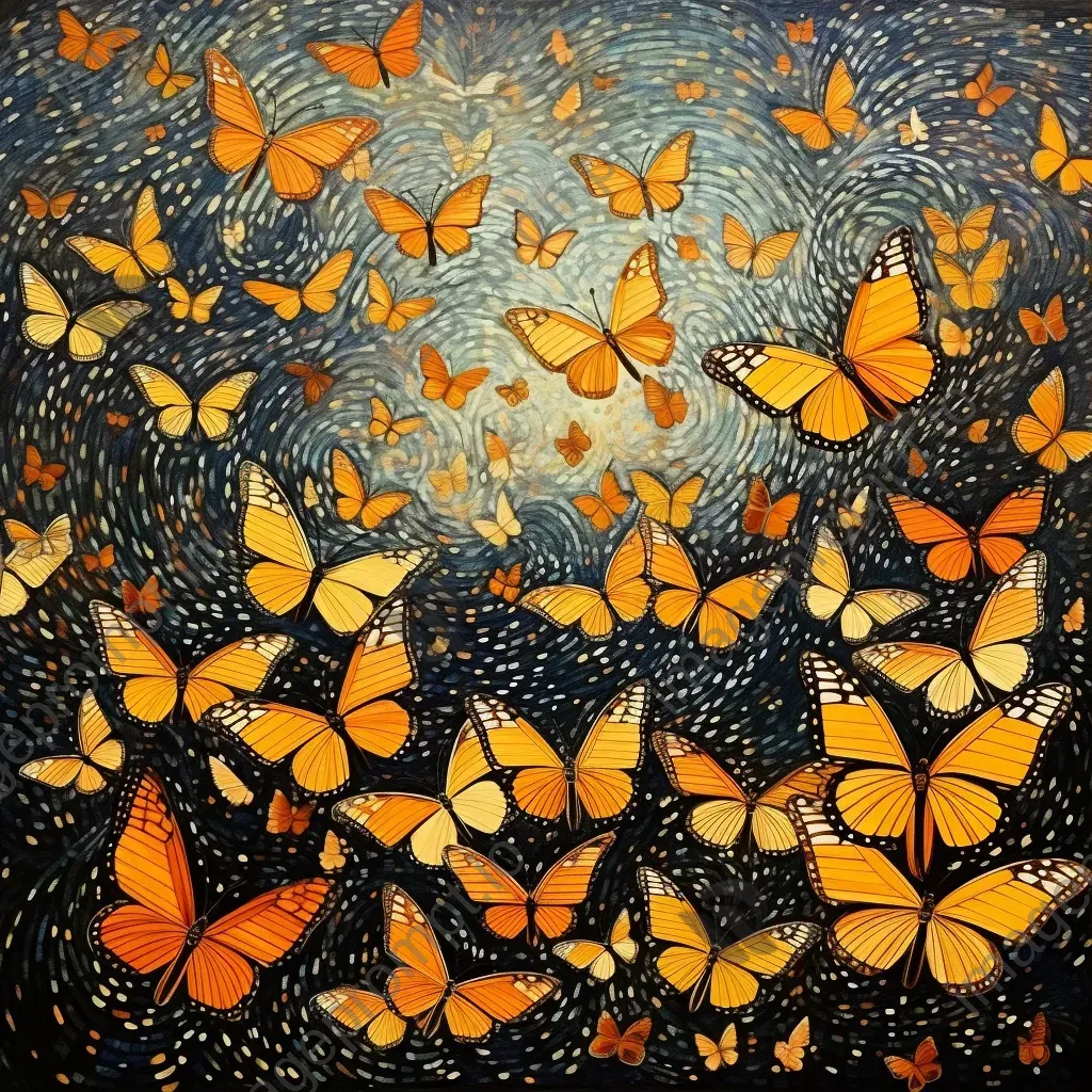 Artwork showing migration pattern of monarch butterflies using pointillism technique - Image 3