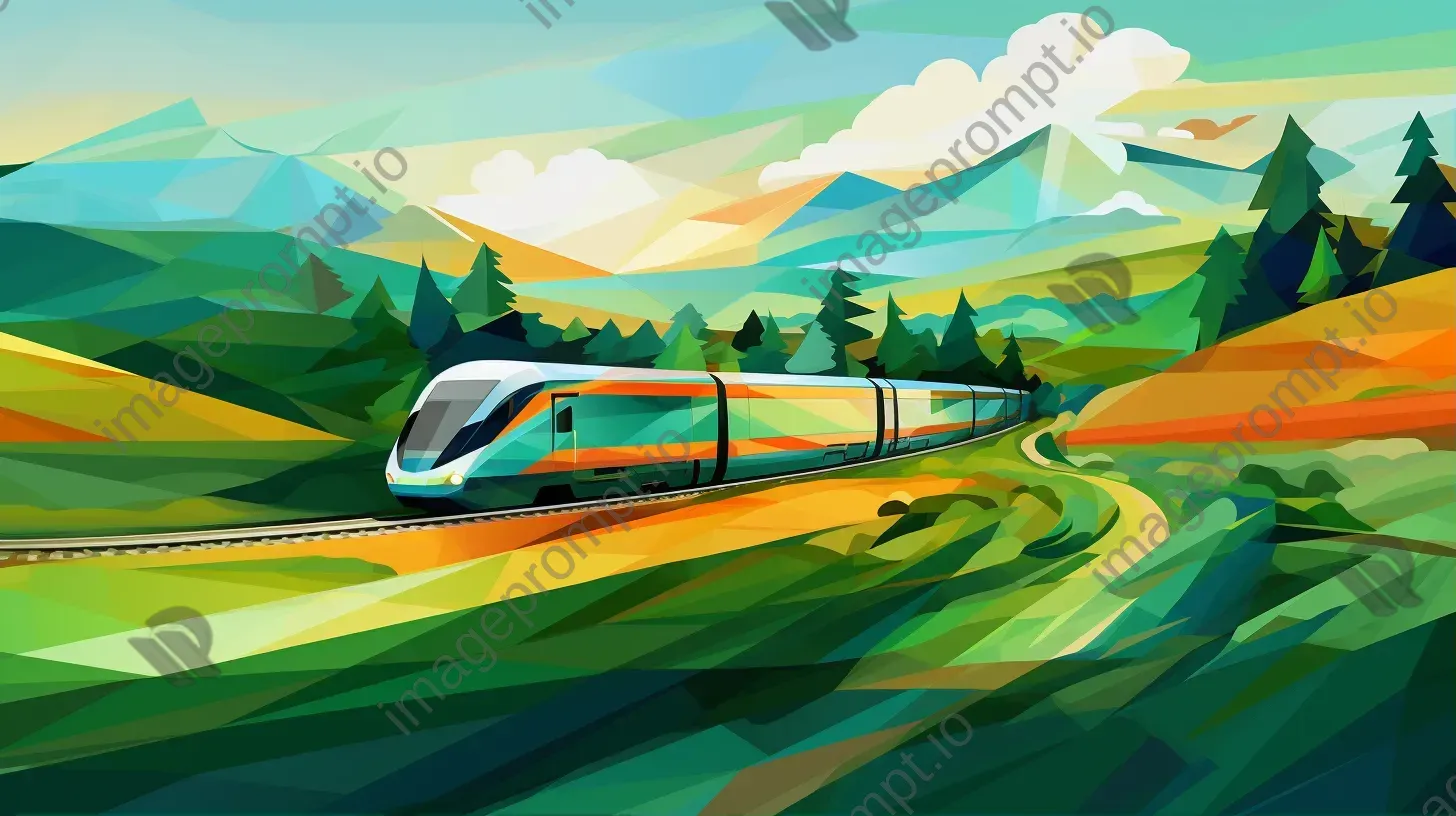 Low poly high-speed train in cubist style traveling through vibrant countryside - Image 1