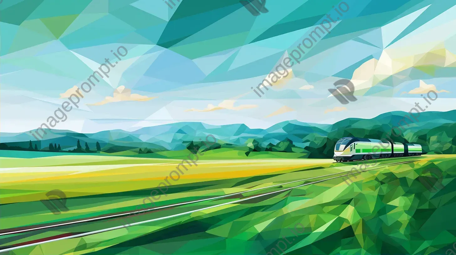 Low poly high-speed train in cubist style traveling through vibrant countryside - Image 2