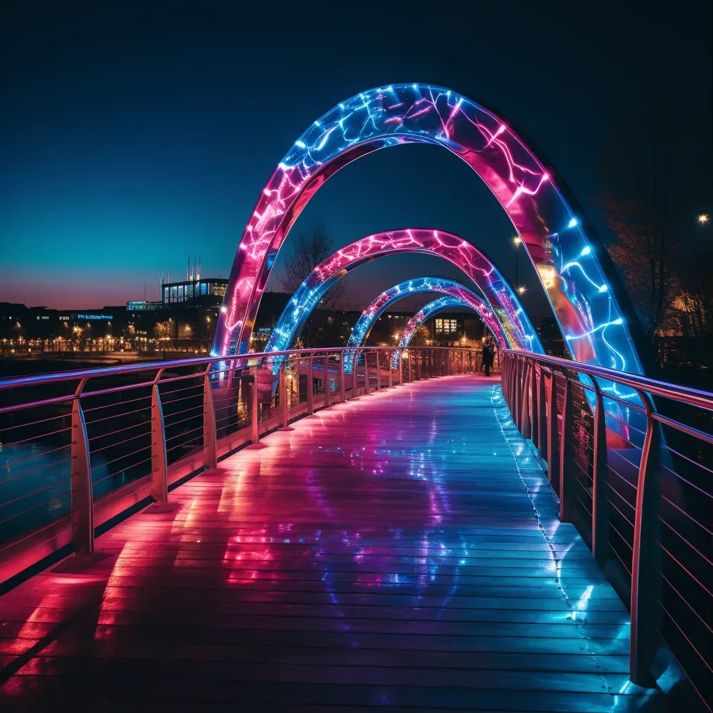 Modern pedestrian bridge with color-changing lights over river at night - Image 3