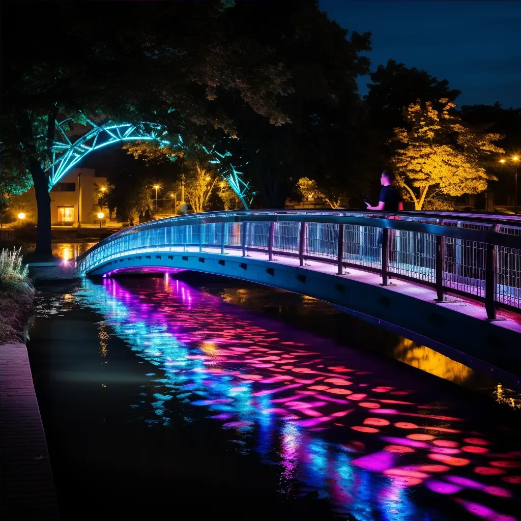 Modern pedestrian bridge with color-changing lights over river at night - Image 4