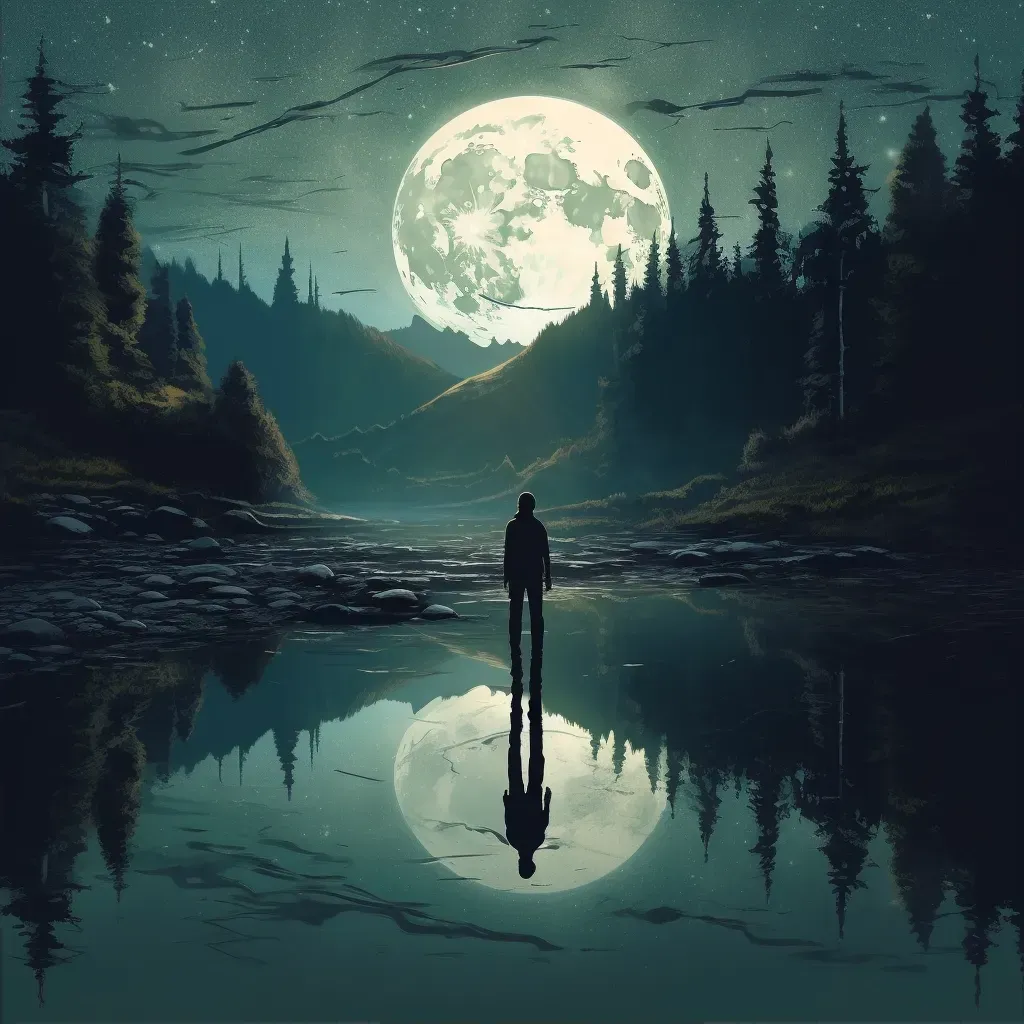 Man Contemplating Moon Reflection in River