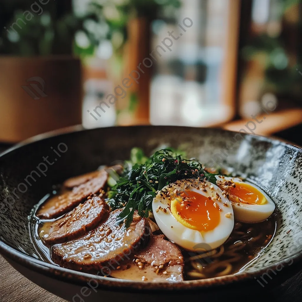 Bowl of Japanese ramen with soft-boiled egg and sliced pork - Image 1