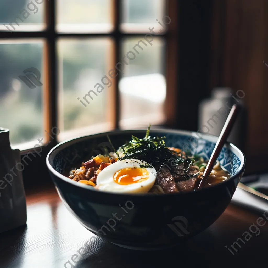 Bowl of Japanese ramen with soft-boiled egg and sliced pork - Image 2