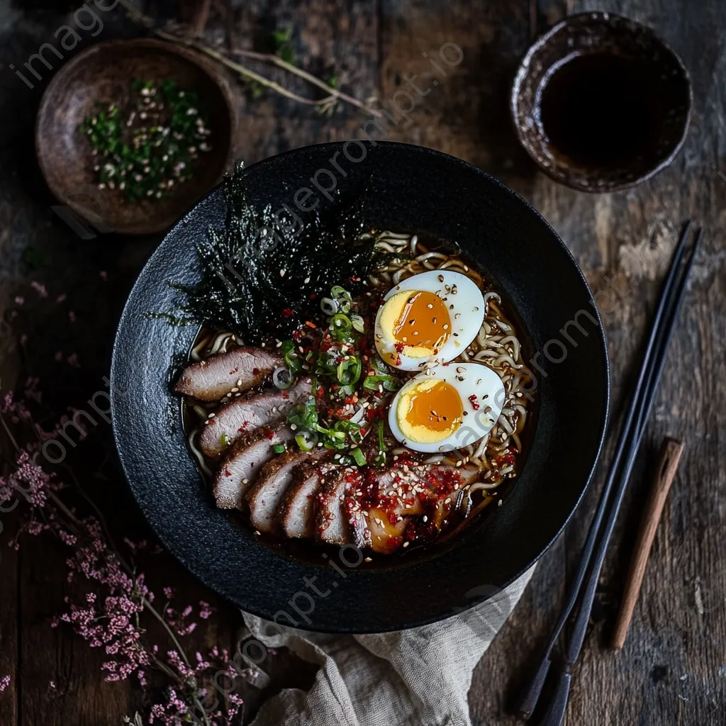 Bowl of Japanese ramen with soft-boiled egg and sliced pork - Image 3