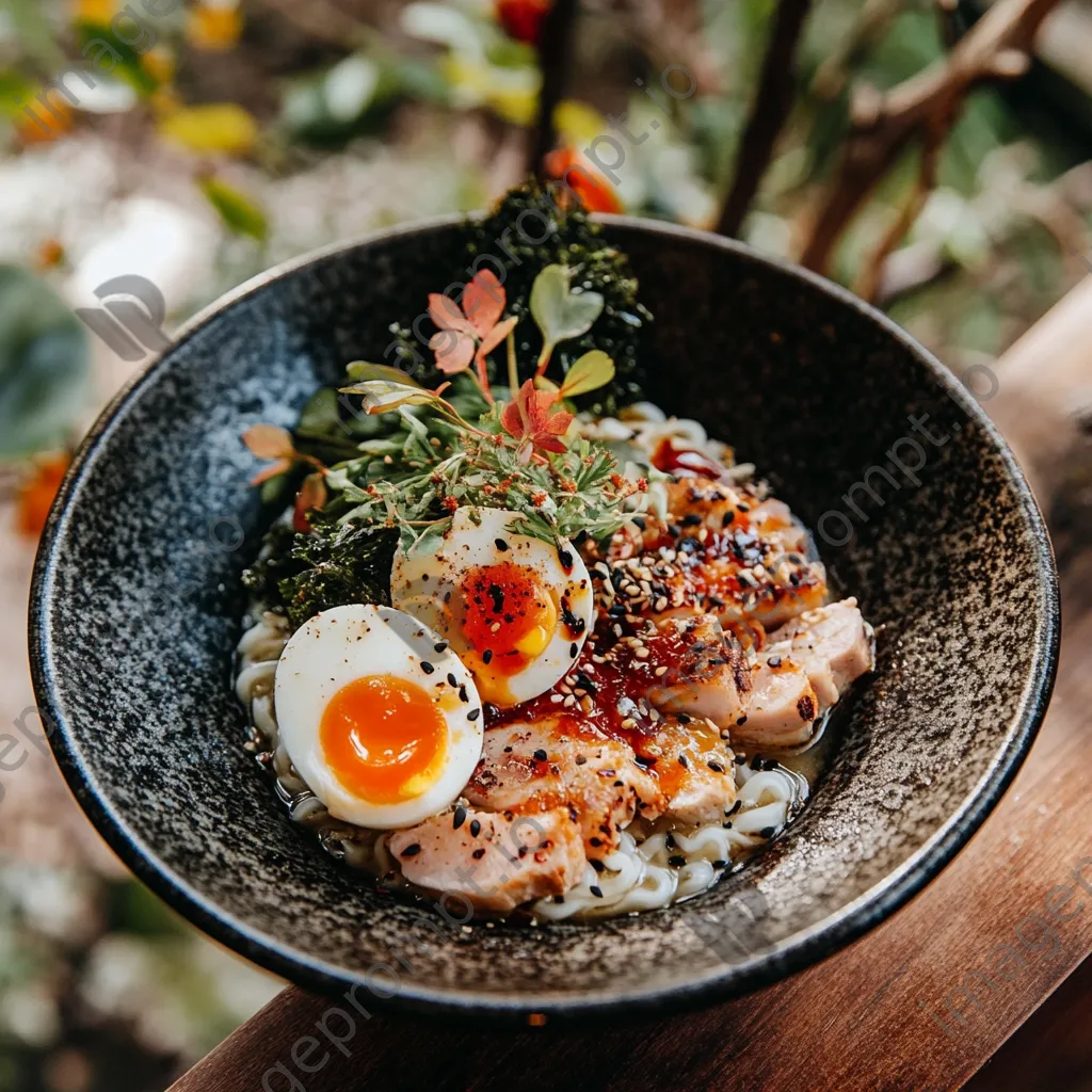 Bowl of Japanese ramen with soft-boiled egg and sliced pork - Image 4