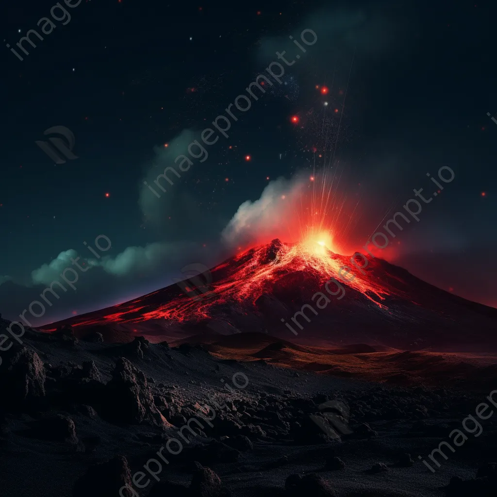 Night view of a volcano emitting lava flares with a starry sky - Image 1