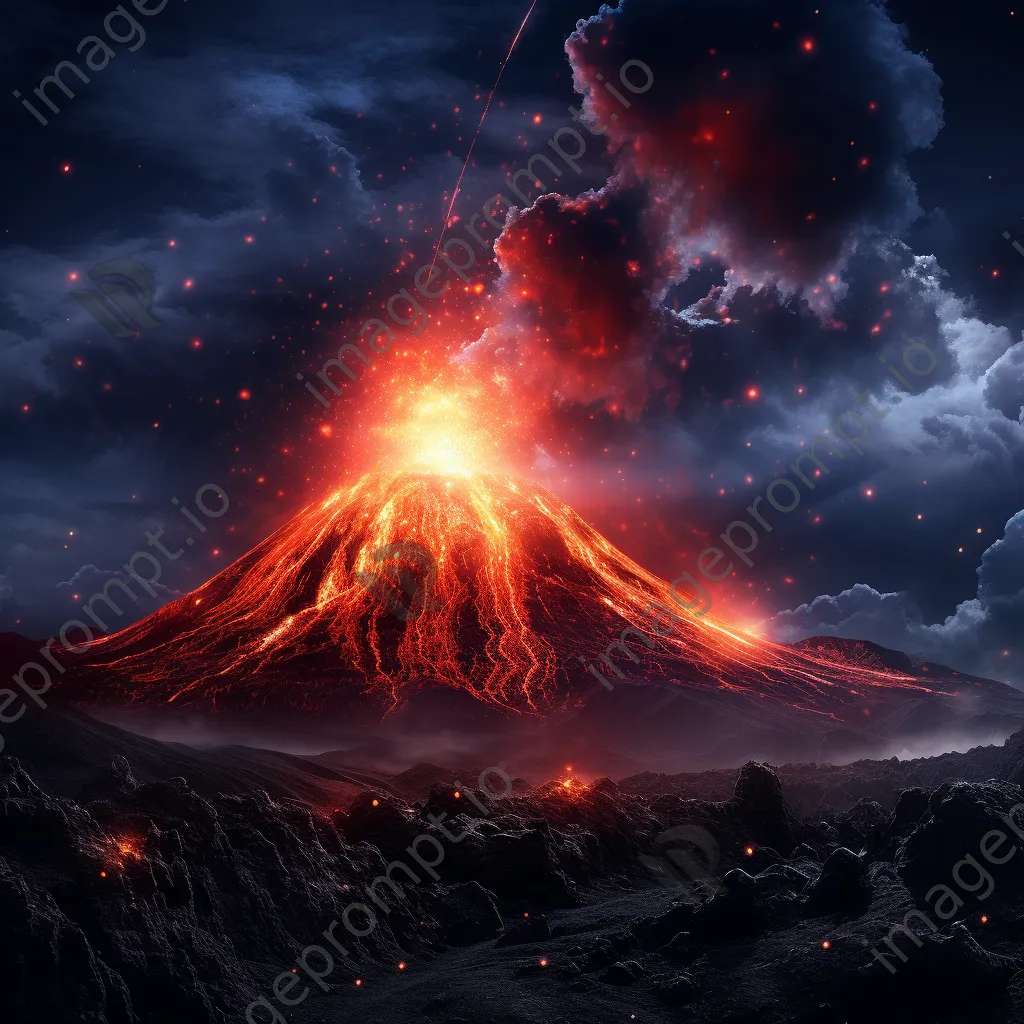 Night view of a volcano emitting lava flares with a starry sky - Image 2