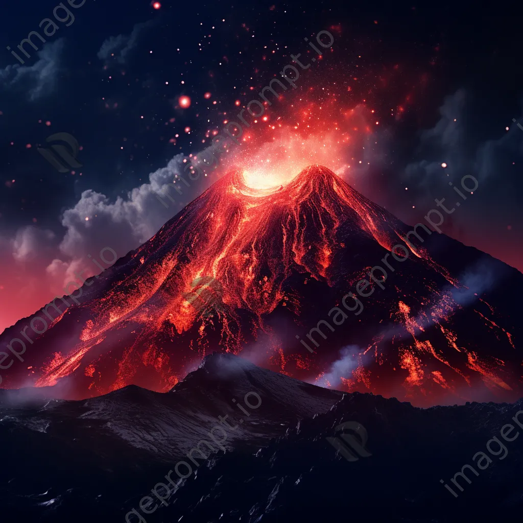 Night view of a volcano emitting lava flares with a starry sky - Image 3