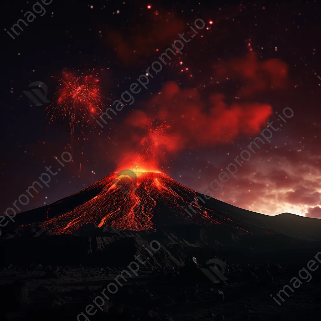 Night view of a volcano emitting lava flares with a starry sky - Image 4