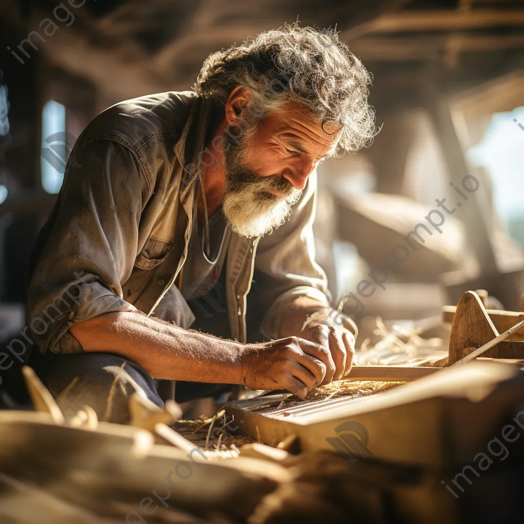 Artisan shaping wooden planks in a boat-building workshop - Image 2