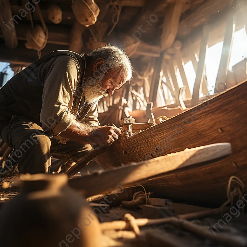 Artisan shaping wooden planks in a boat-building workshop - Image 3