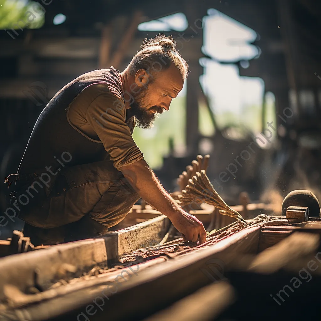 Artisan shaping wooden planks in a boat-building workshop - Image 4