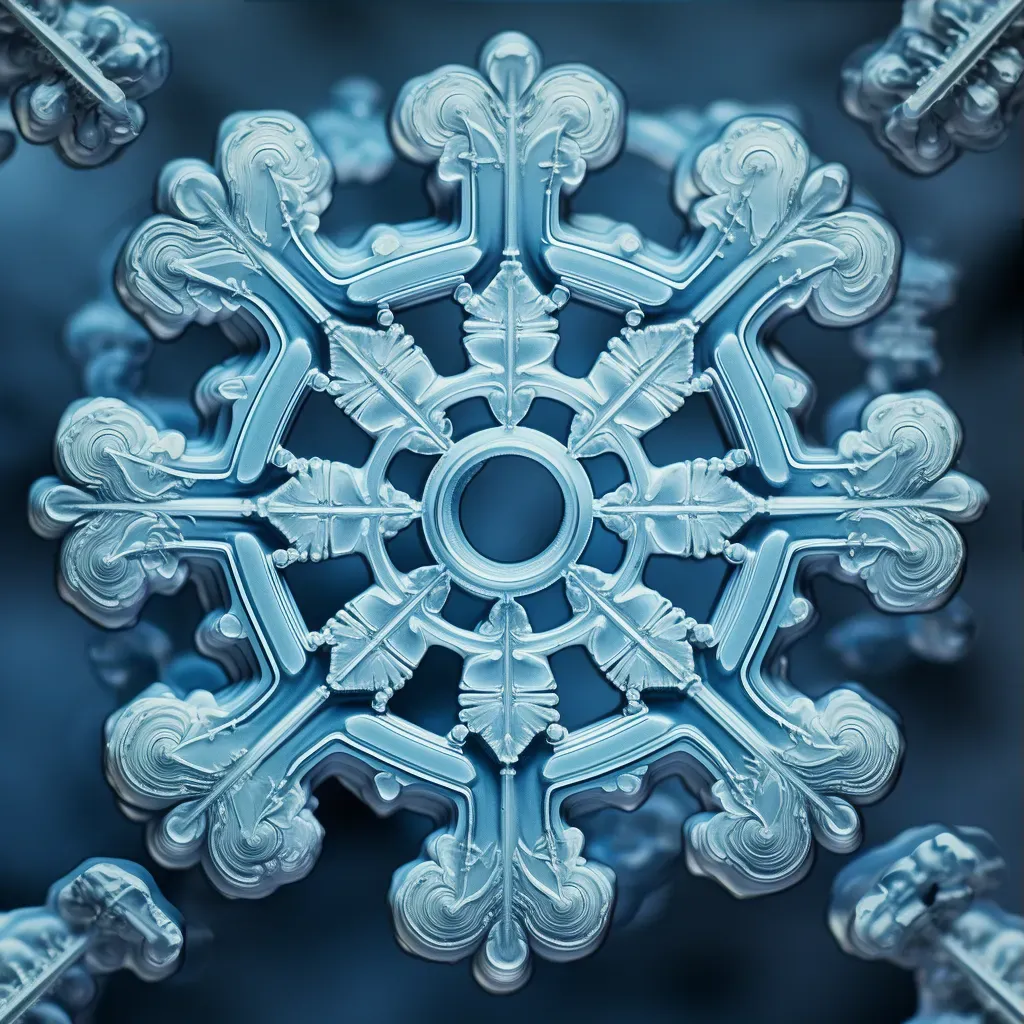 Image showcasing the intricate symmetrical ice patterns within a snowflake at a microscopic level - Image 3