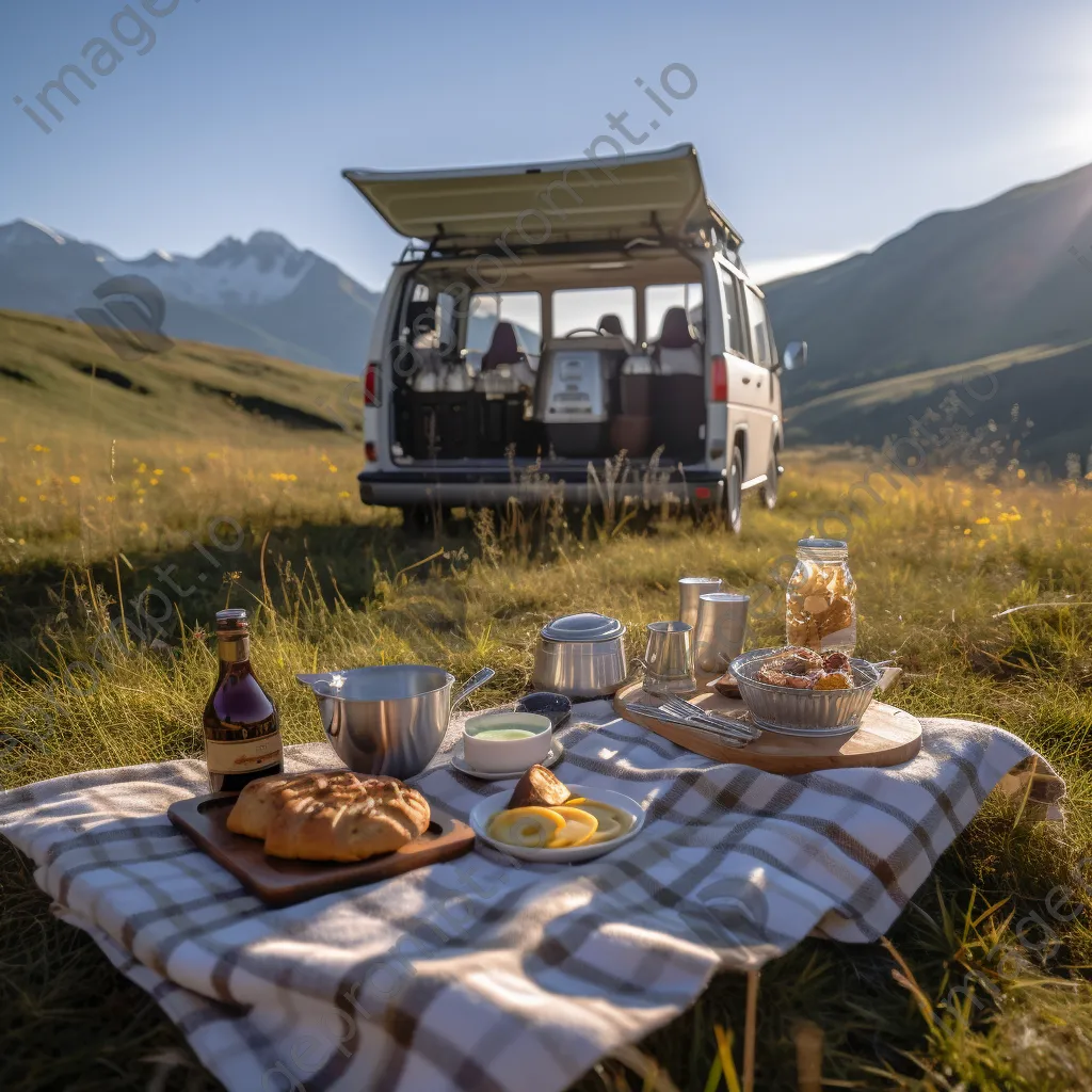 Outdoor breakfast beside a classic van in a mountainous setting - Image 1