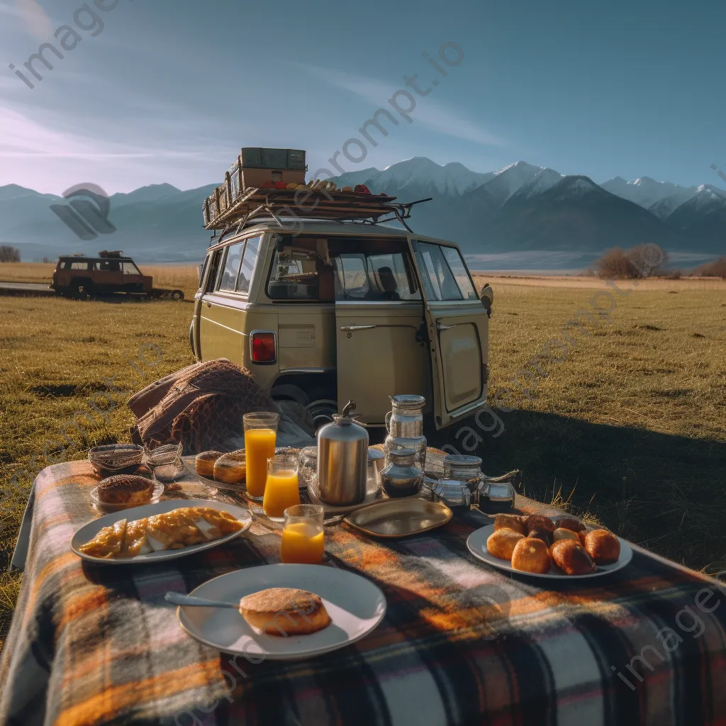 Outdoor breakfast beside a classic van in a mountainous setting - Image 2