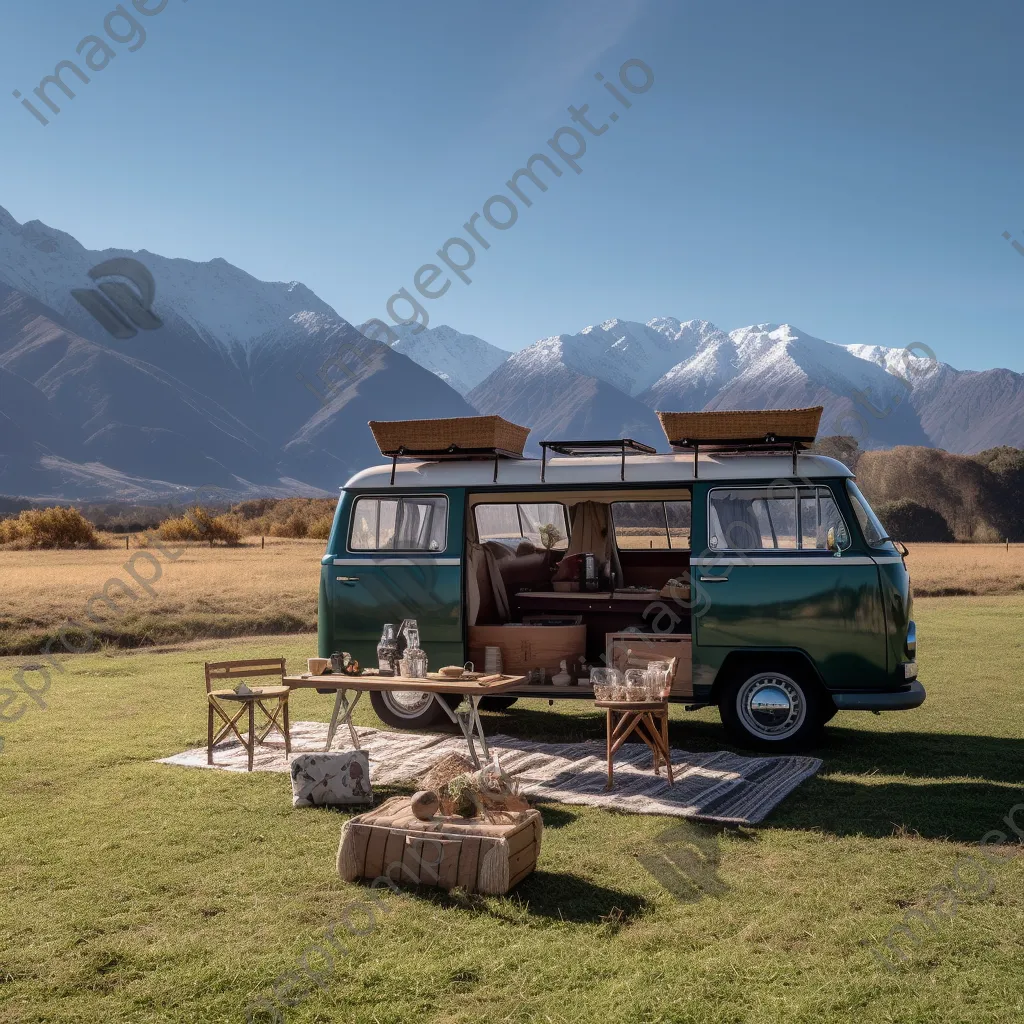 Outdoor breakfast beside a classic van in a mountainous setting - Image 3