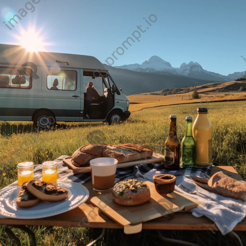 Outdoor breakfast beside a classic van in a mountainous setting - Image 4