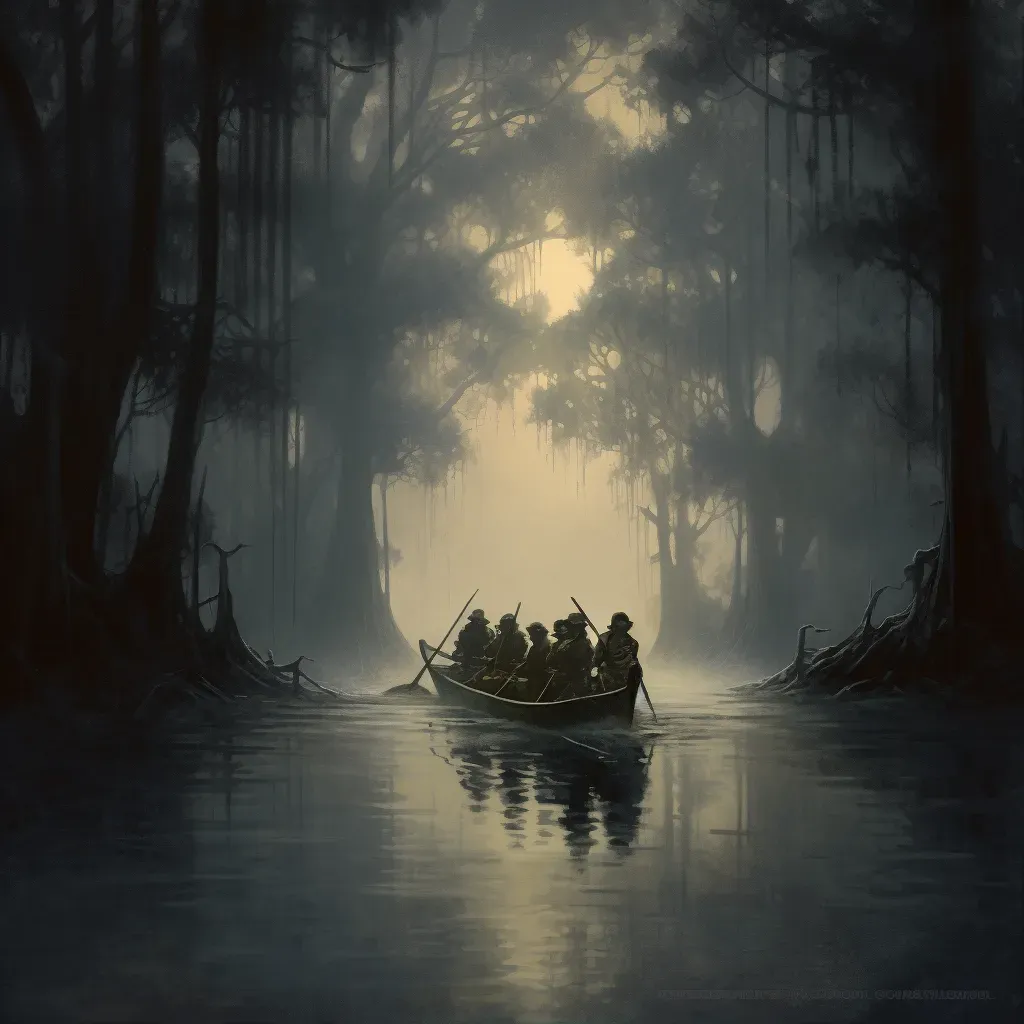 Group of adventurers rowing across a dark misty lake surrounded by towering trees - Image 1