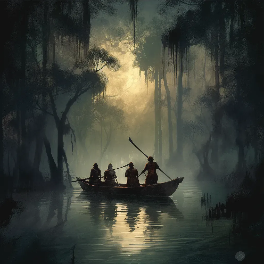 Group of adventurers rowing across a dark misty lake surrounded by towering trees - Image 3