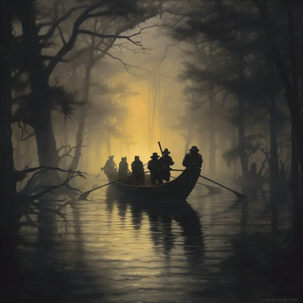 Group of adventurers rowing across a dark misty lake surrounded by towering trees - Image 4